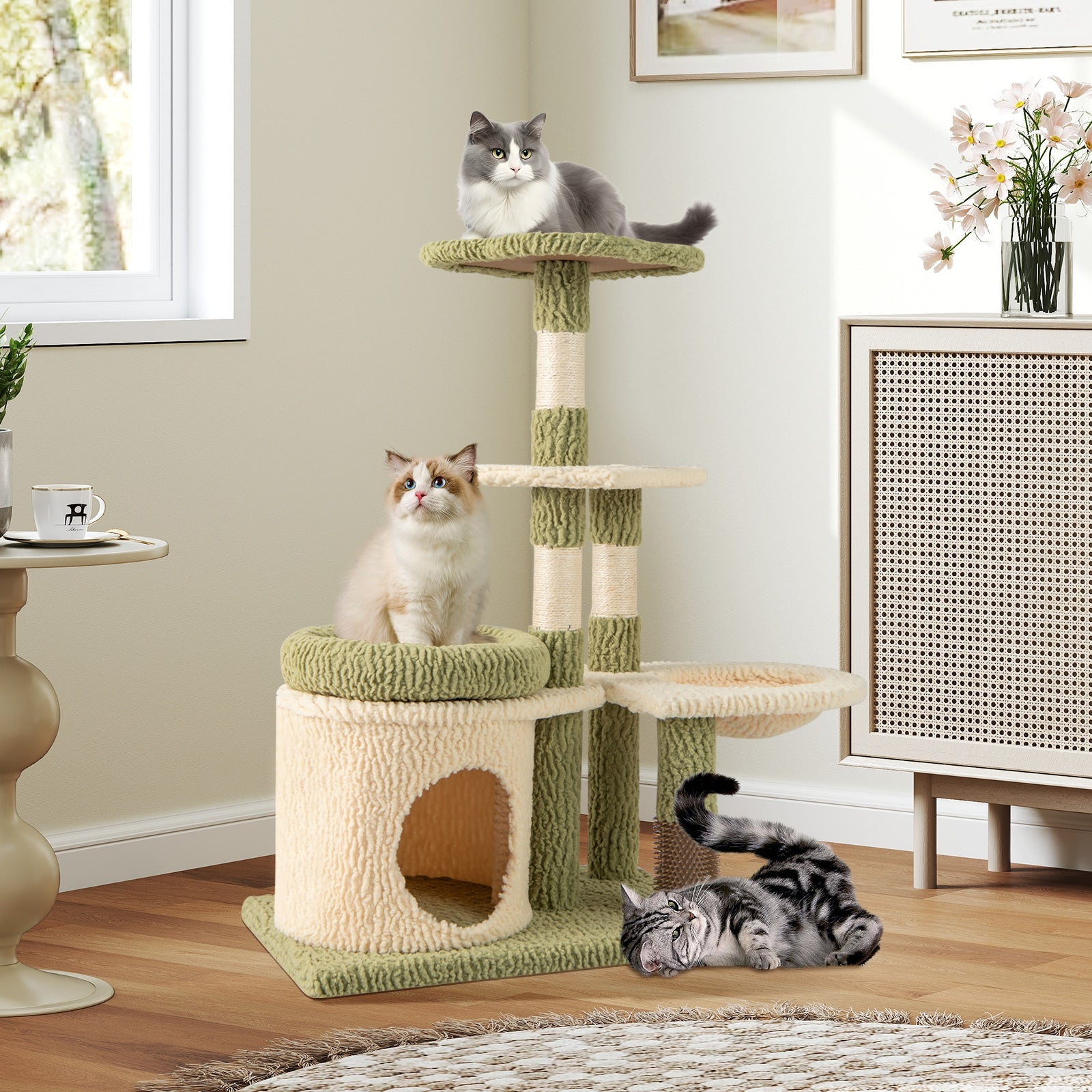 38 Inch Tall Multi-Level Aesthetic Kitten Tower with Condo and Bed, Green Cat Trees Condos & Scratchers at Gallery Canada