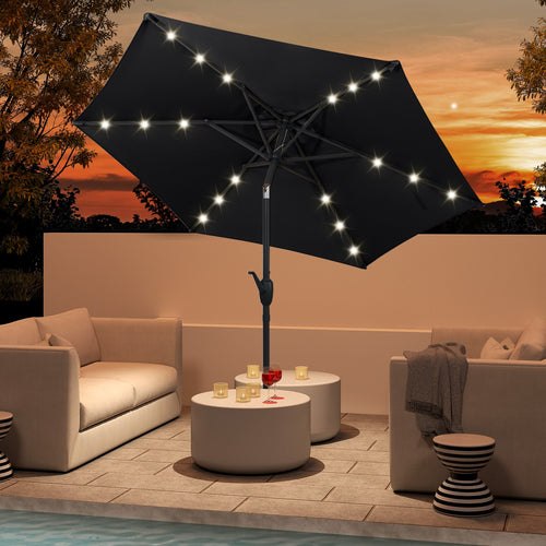 7.5 Feet Solar Powered Patio Umbrella with LED Lights and Crank Handle, Black