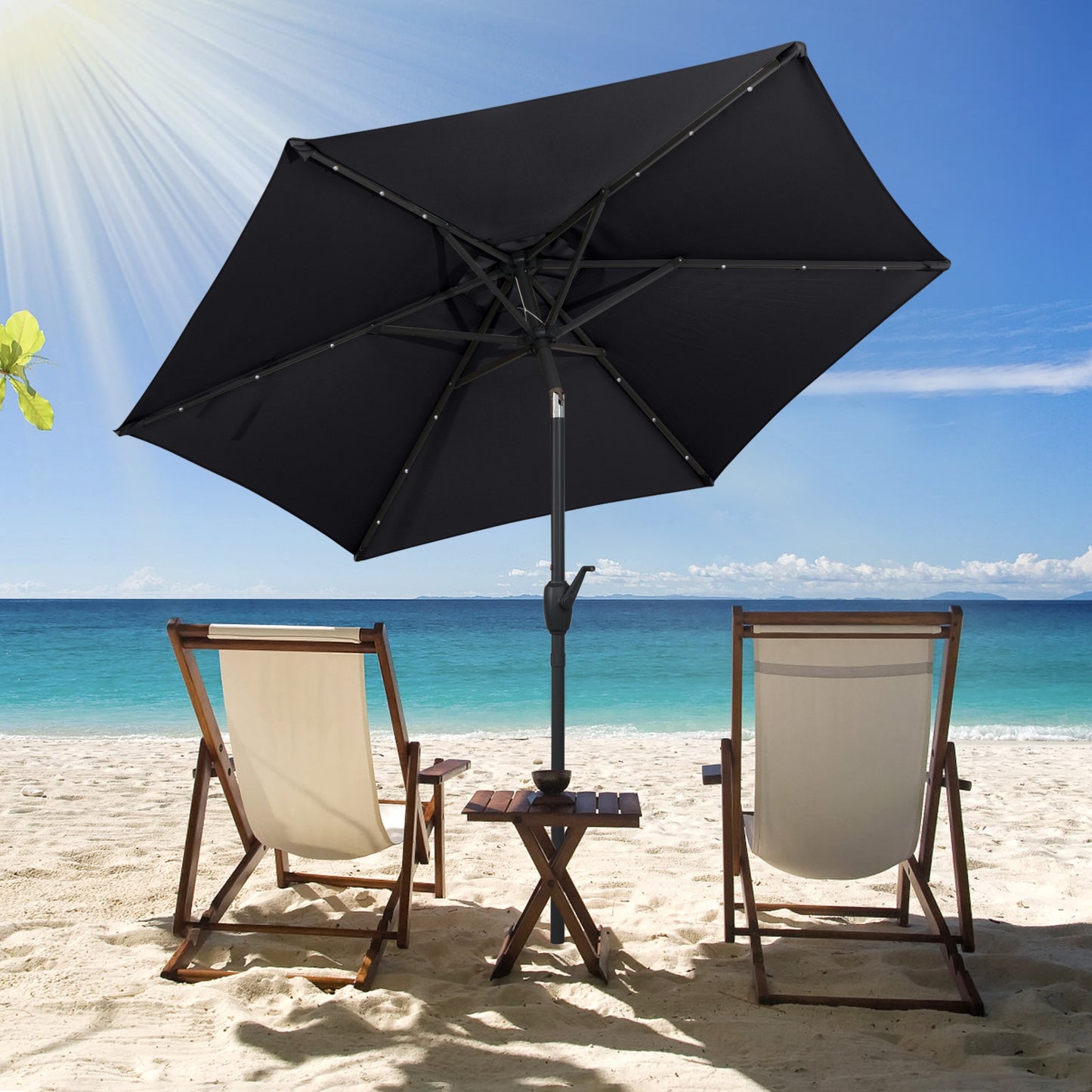 7.5 Feet Solar Powered Patio Umbrella with LED Lights and Crank Handle, Black Outdoor Umbrellas at Gallery Canada