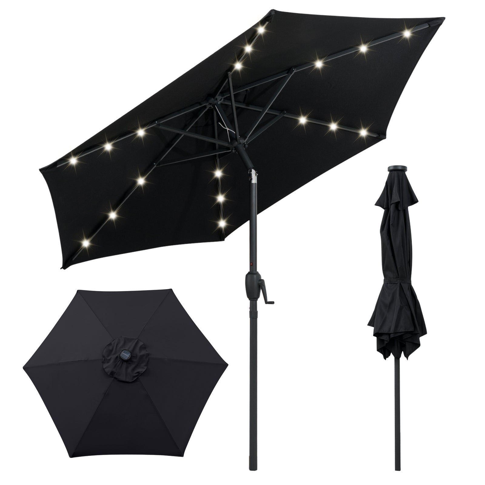 7.5 Feet Solar Powered Patio Umbrella with LED Lights and Crank Handle, Black Outdoor Umbrellas at Gallery Canada