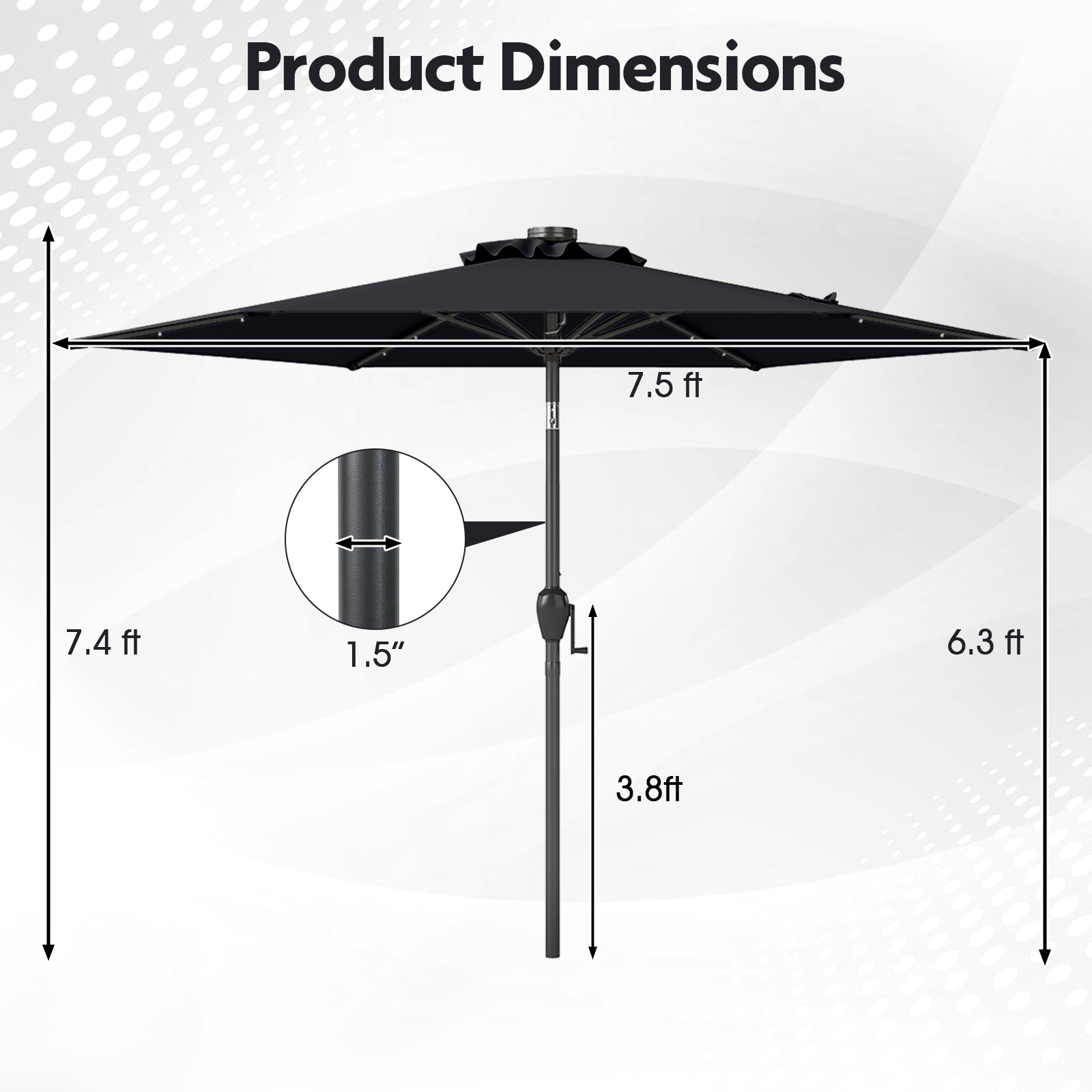7.5 Feet Solar Powered Patio Umbrella with LED Lights and Crank Handle, Black Outdoor Umbrellas at Gallery Canada