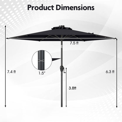 7.5 Feet Solar Powered Patio Umbrella with LED Lights and Crank Handle, Black Outdoor Umbrellas at Gallery Canada