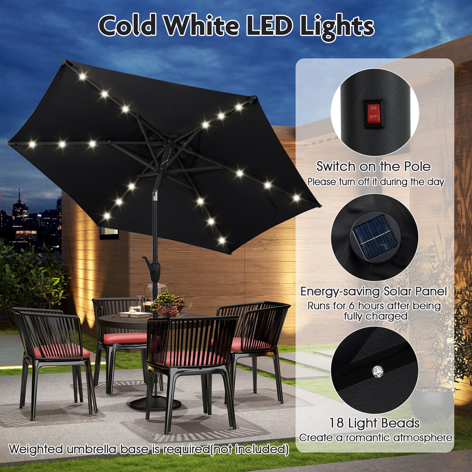 7.5 Feet Solar Powered Patio Umbrella with LED Lights and Crank Handle, Black Outdoor Umbrellas at Gallery Canada