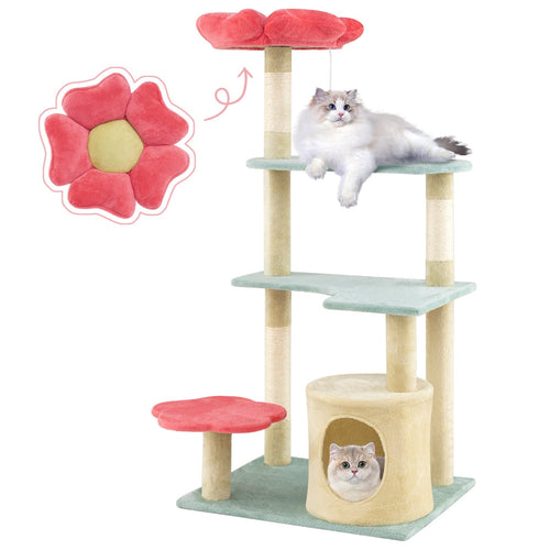 49 Inch Tall Multi-Level Aesthetic Floral Kitten Tower with Flower-Shaped Plush Padded Perch, Multicolor