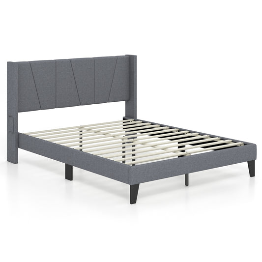 Full Queen Size Bed Frame, Wingback Headboard, Wood Slat Support, Gray Simple Bed Frame Gray at Gallery Canada