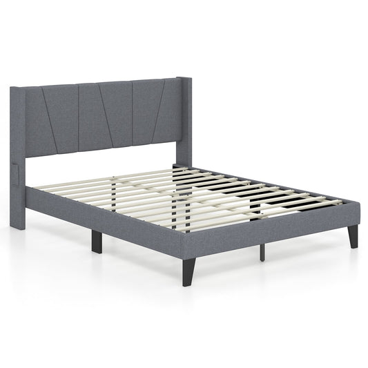 Full Queen Size Bed Frame, Wingback Headboard, Wood Slat Support, Gray