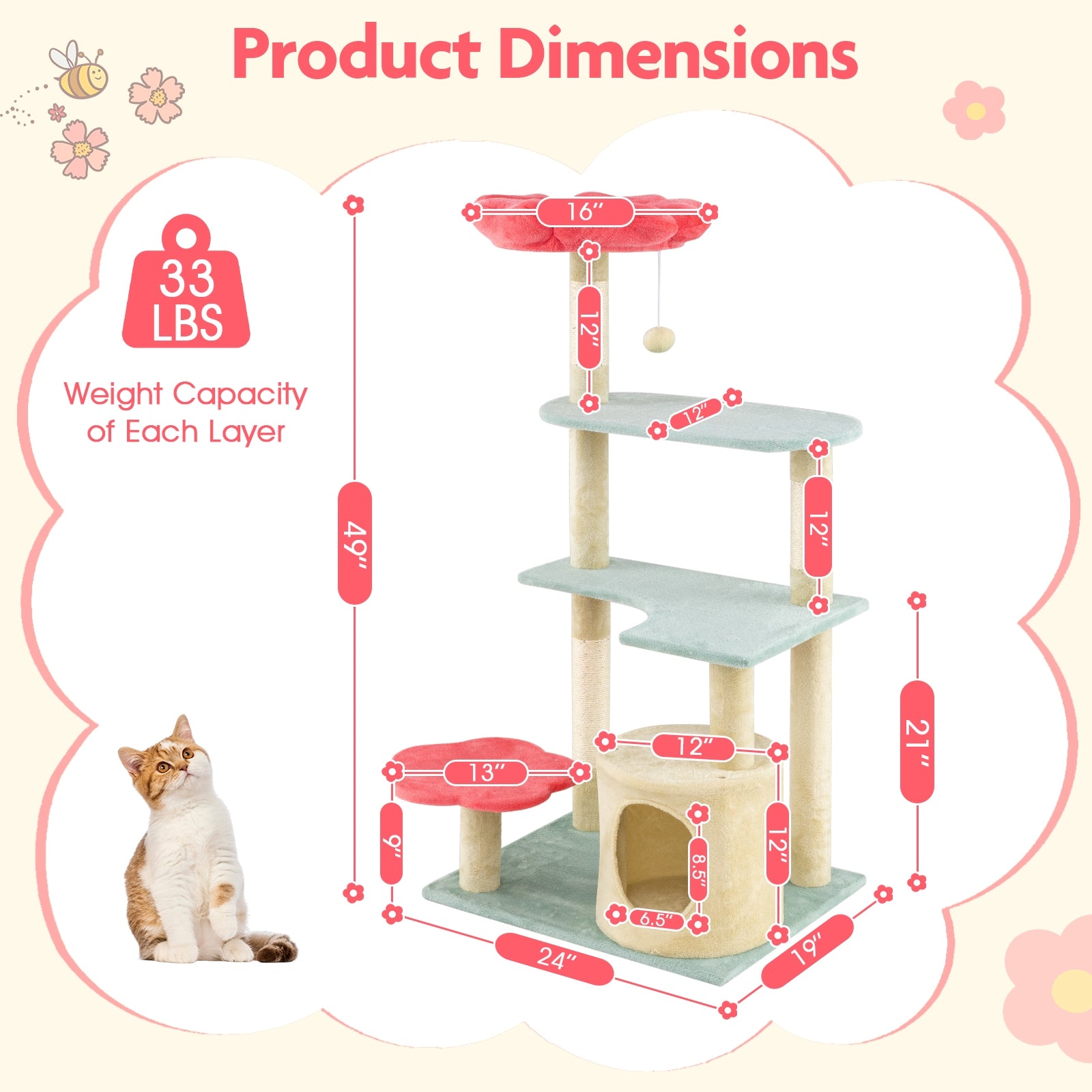 49 Inch Tall Multi-Level Aesthetic Floral Kitten Tower with Flower-Shaped Plush Padded Perch, Multicolor Cat Trees Condos & Scratchers at Gallery Canada