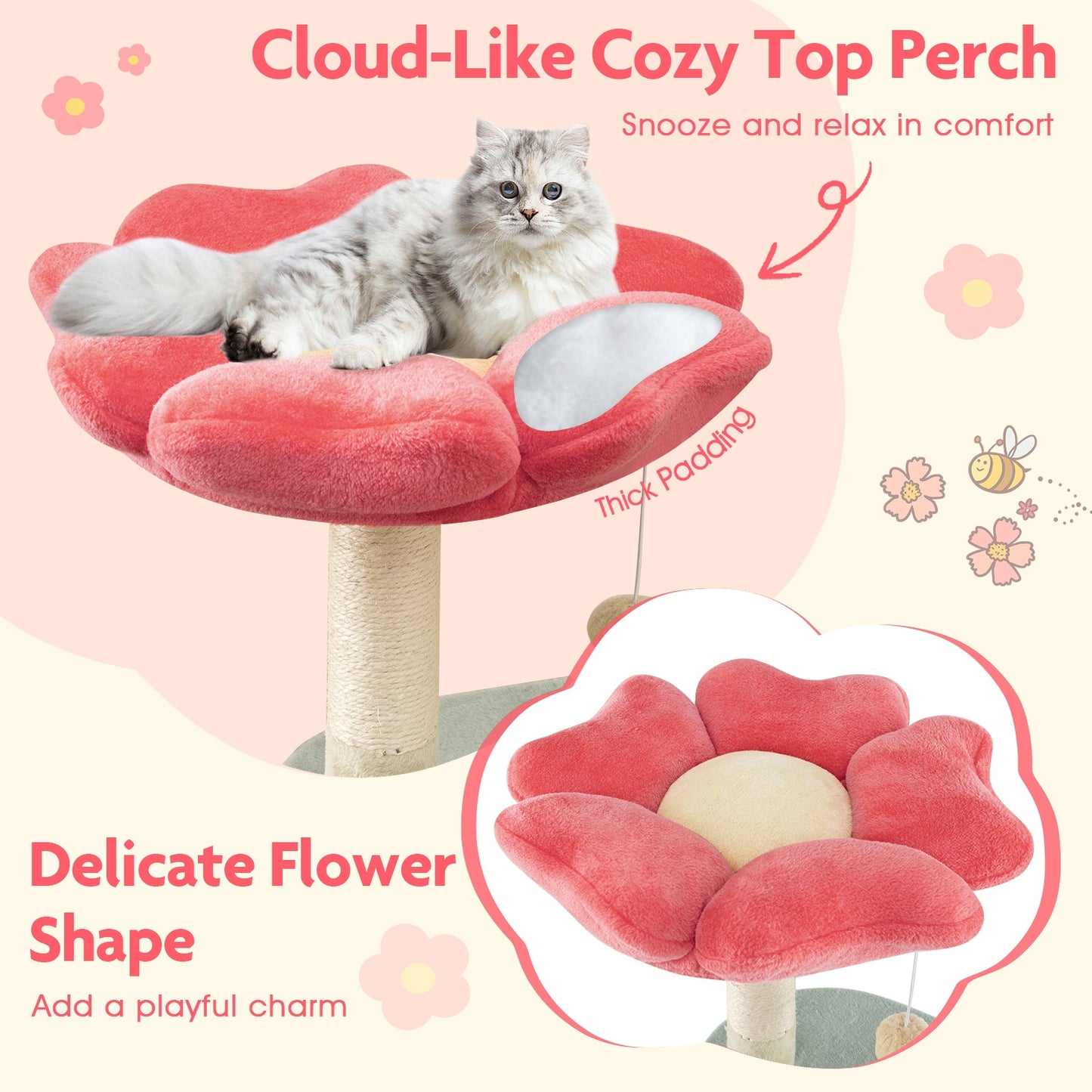 49 Inch Multi-Level Floral Kitten Tower, Flower-Shaped Plush Perch, Multicolor