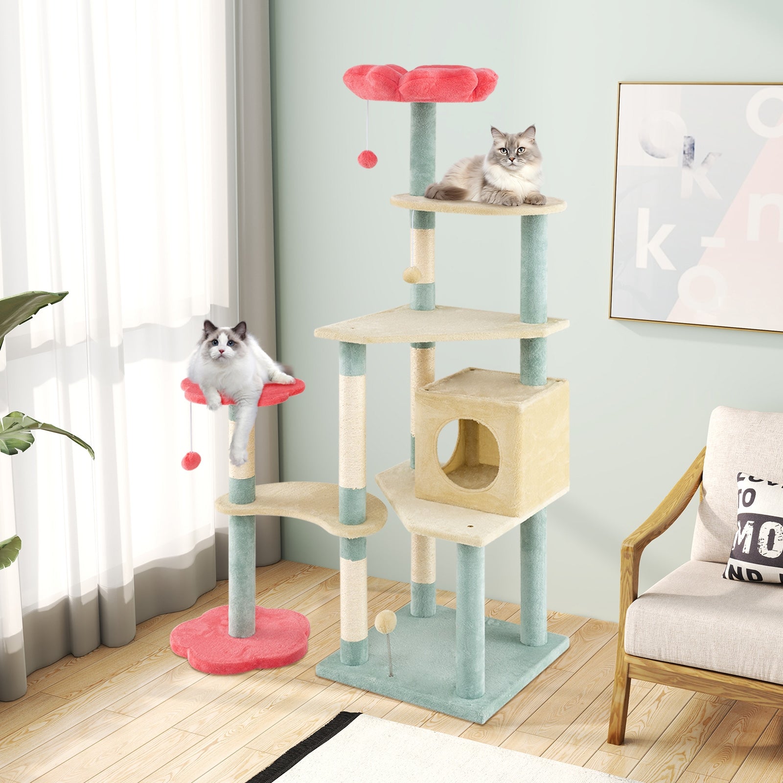 61 Inch Multi-Level Aesthetic Floral Kitten Tower with Flower-Shaped Padded Perch, Multicolor Cat Trees Condos & Scratchers at Gallery Canada