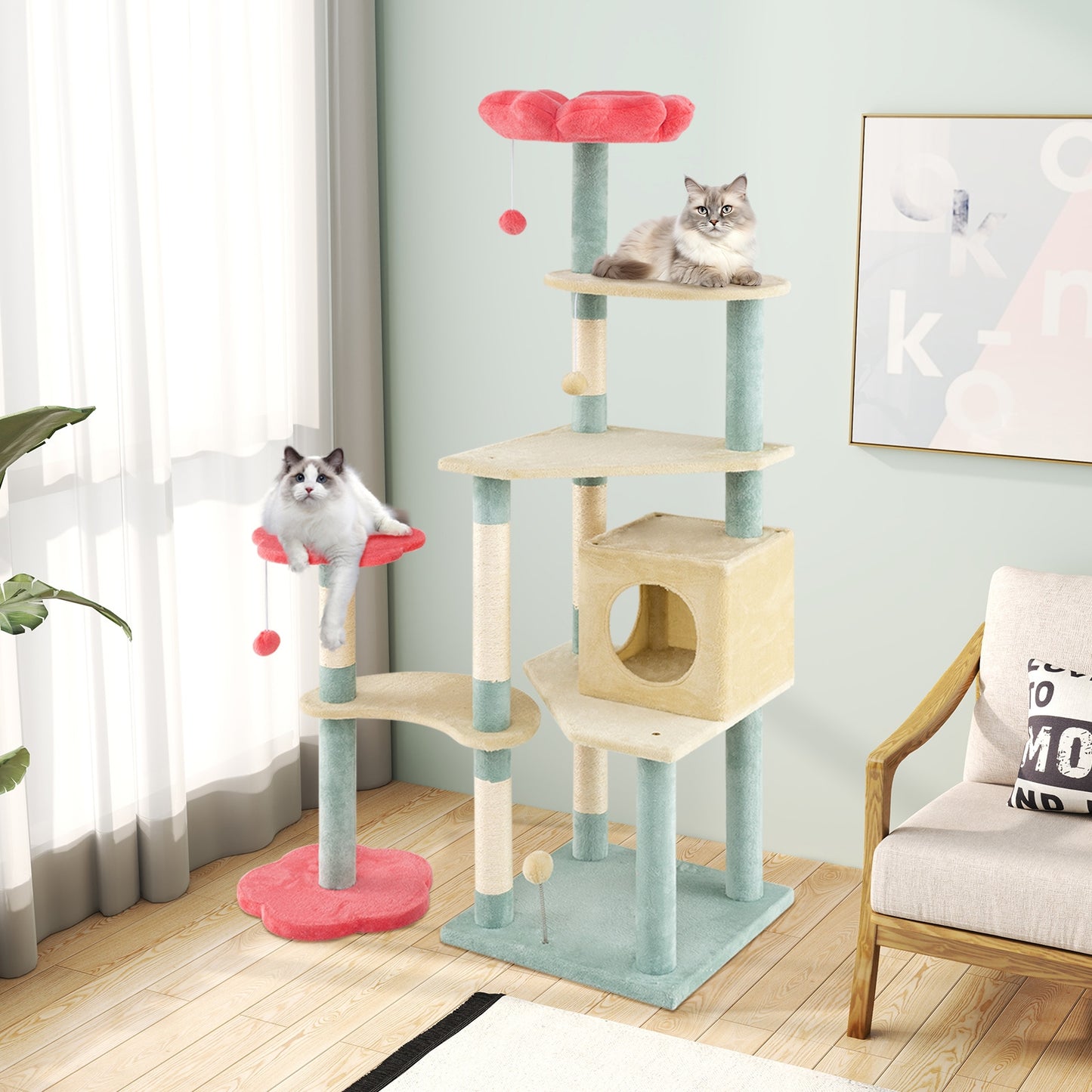 61 Inch Multi-Level Aesthetic Floral Kitten Tower with Flower-Shaped Padded Perch, Multicolor Cat Trees Condos & Scratchers at Gallery Canada
