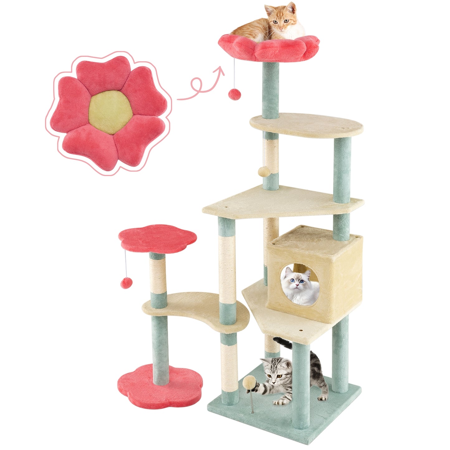 61 Inch Multi-Level Floral Kitten Tower, Flower-Shaped Padded Perch, Multicolor