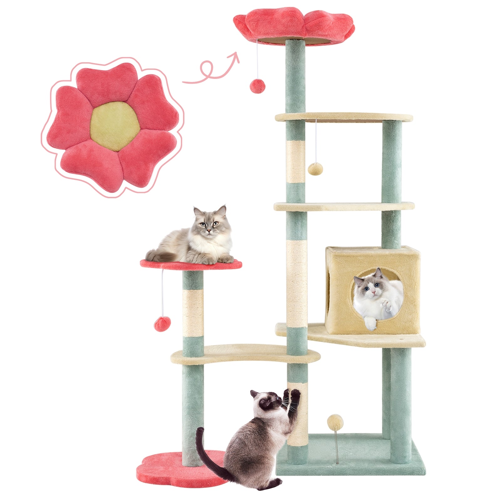 61 Inch Multi-Level Aesthetic Floral Kitten Tower with Flower-Shaped Padded Perch, Multicolor Cat Trees Condos & Scratchers at Gallery Canada