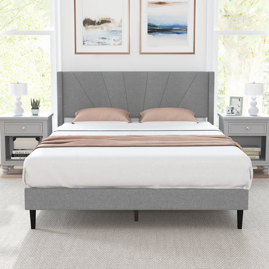 Twin/Queen Bed Frame with Linen Upholstered Wingback Headboard-Queen Size, Gray - Gallery Canada