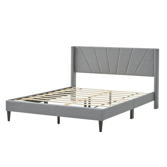 Twin/Queen Bed Frame with Linen Upholstered Wingback Headboard-Queen Size, Gray - Gallery Canada