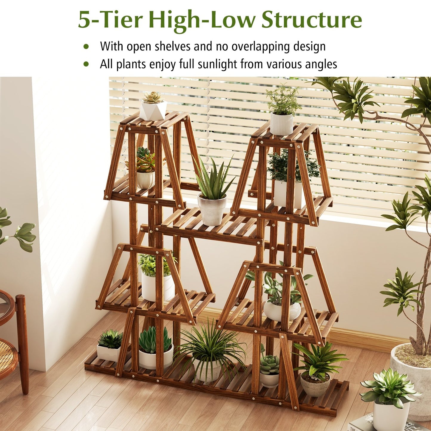 5-Tier 10 Potted Wood Plant Stand for Multiple Plants, Brown