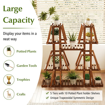5-Tier 10 Potted Wood Plant Stand for Multiple Plants, Brown