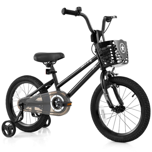 16 Inch Kids Bike with Basket and Training Wheels for Children Aged 4-7 Years Old, Black