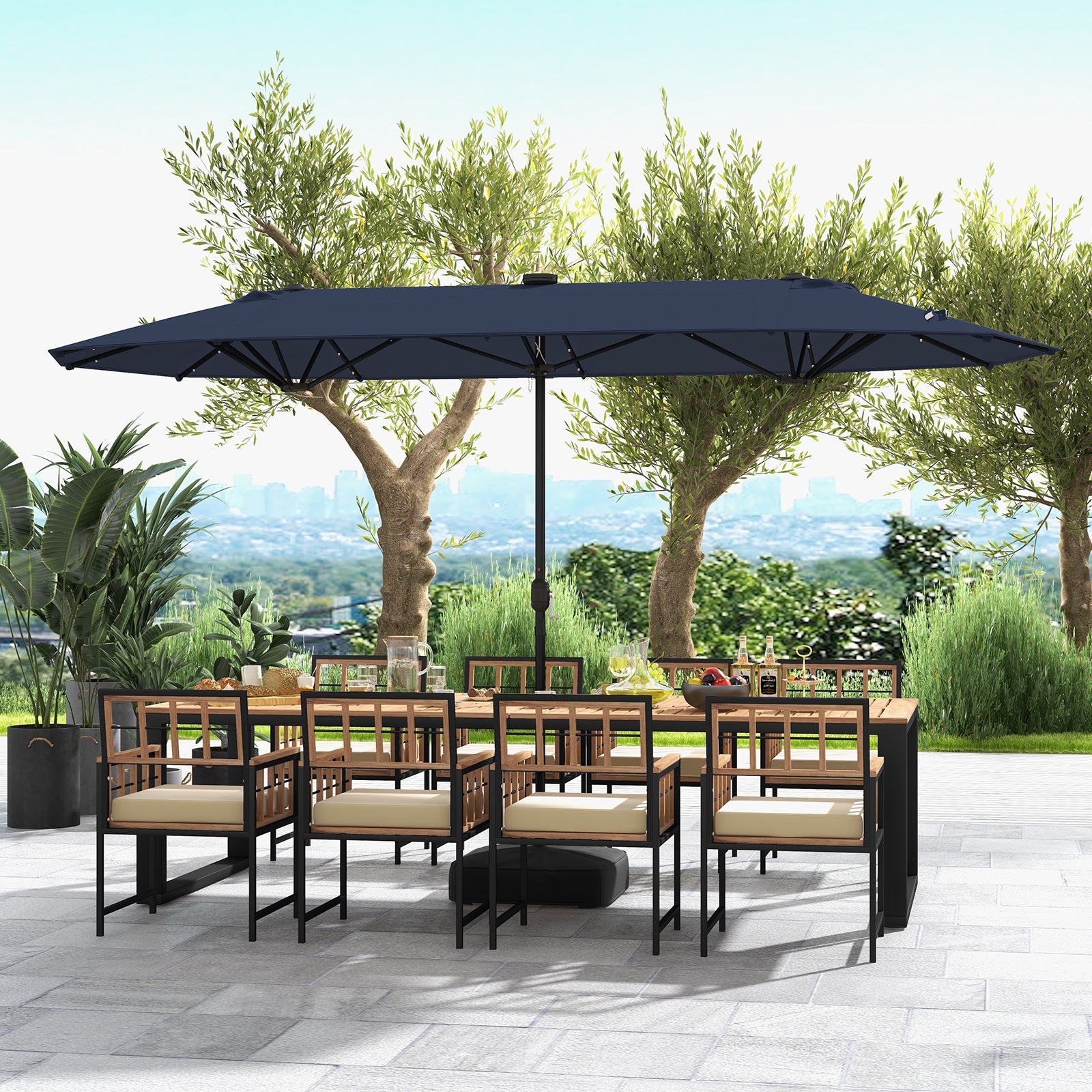 13FT Double-sided Patio Umbrella with Solar Lights for Garden Pool Backyard, Navy Outdoor Umbrellas at Gallery Canada