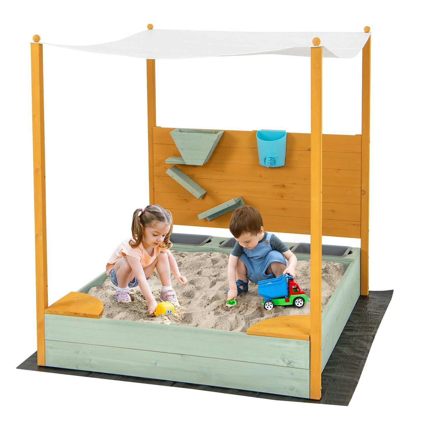 Kids Sandbox with Sand Wall w/ Removable Canopy for Kids 3-8 Years Old