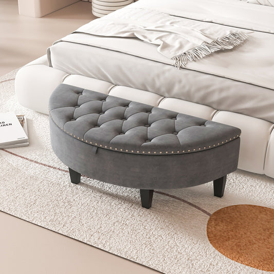 Half Moon Storage Bench with Rubber Wood Legs, Gray - Gallery Canada