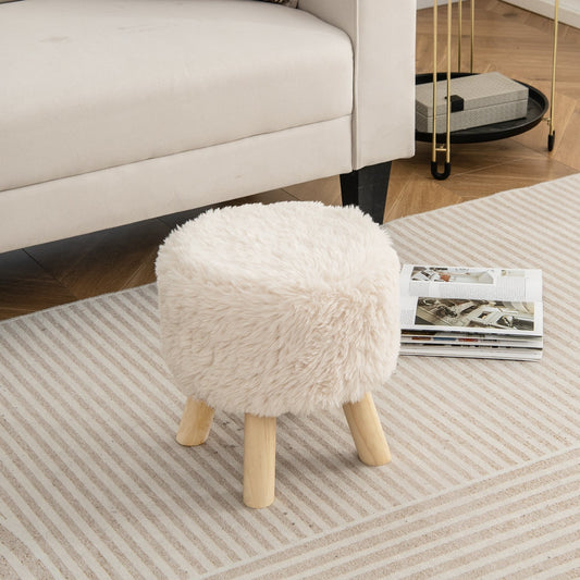 Round Footstool Ottoman Faux Fur Footrest with Padded Seat and Rubber Wood Legs, White - Gallery Canada