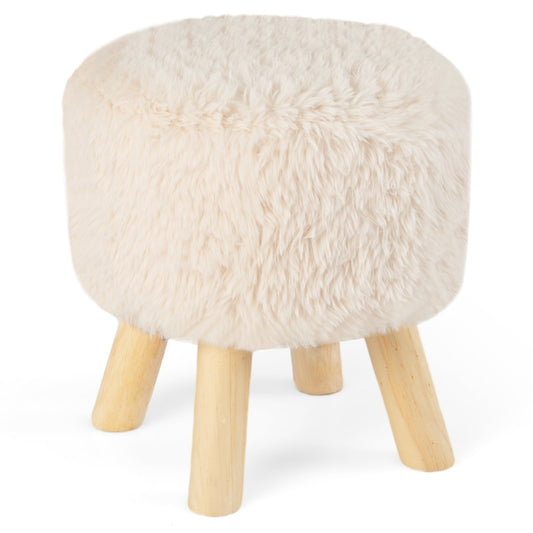 Round Footstool Ottoman Faux Fur Footrest with Padded Seat and Rubber Wood Legs, White