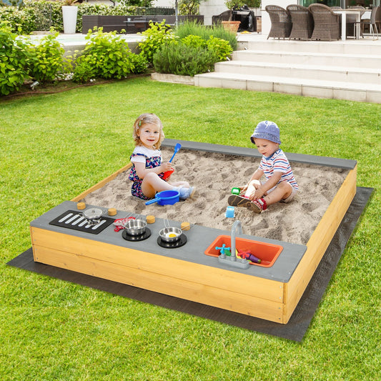 Wooden Sandbox Kids Sand Pit with Kitchen Playset Accessories for 3-8 Years Old, Natural - Gallery Canada