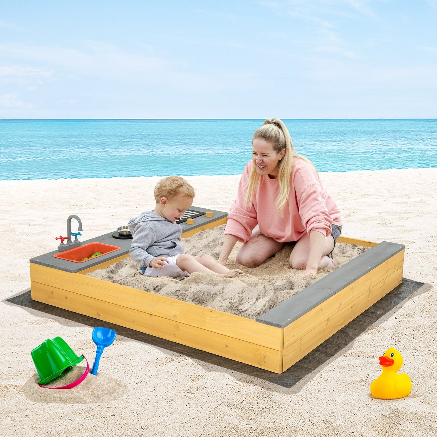 Wooden Sandbox Kids Sand Pit with Kitchen Playset Accessories for 3-8 Years Old, Natural
