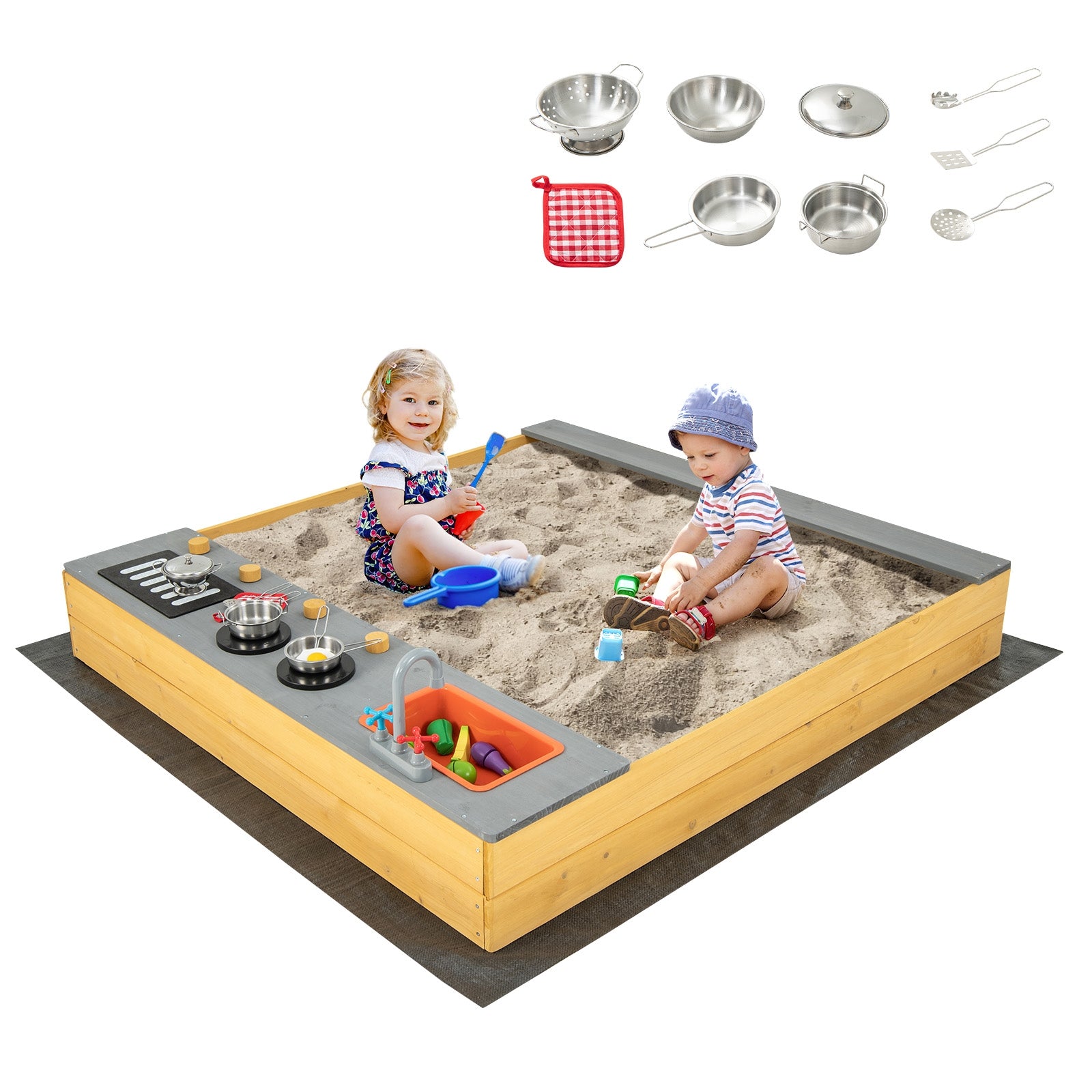 Wooden Sandbox Kids Sand Pit with Kitchen Playset Accessories for 3-8 Years Old, Natural Sandboxes at Gallery Canada