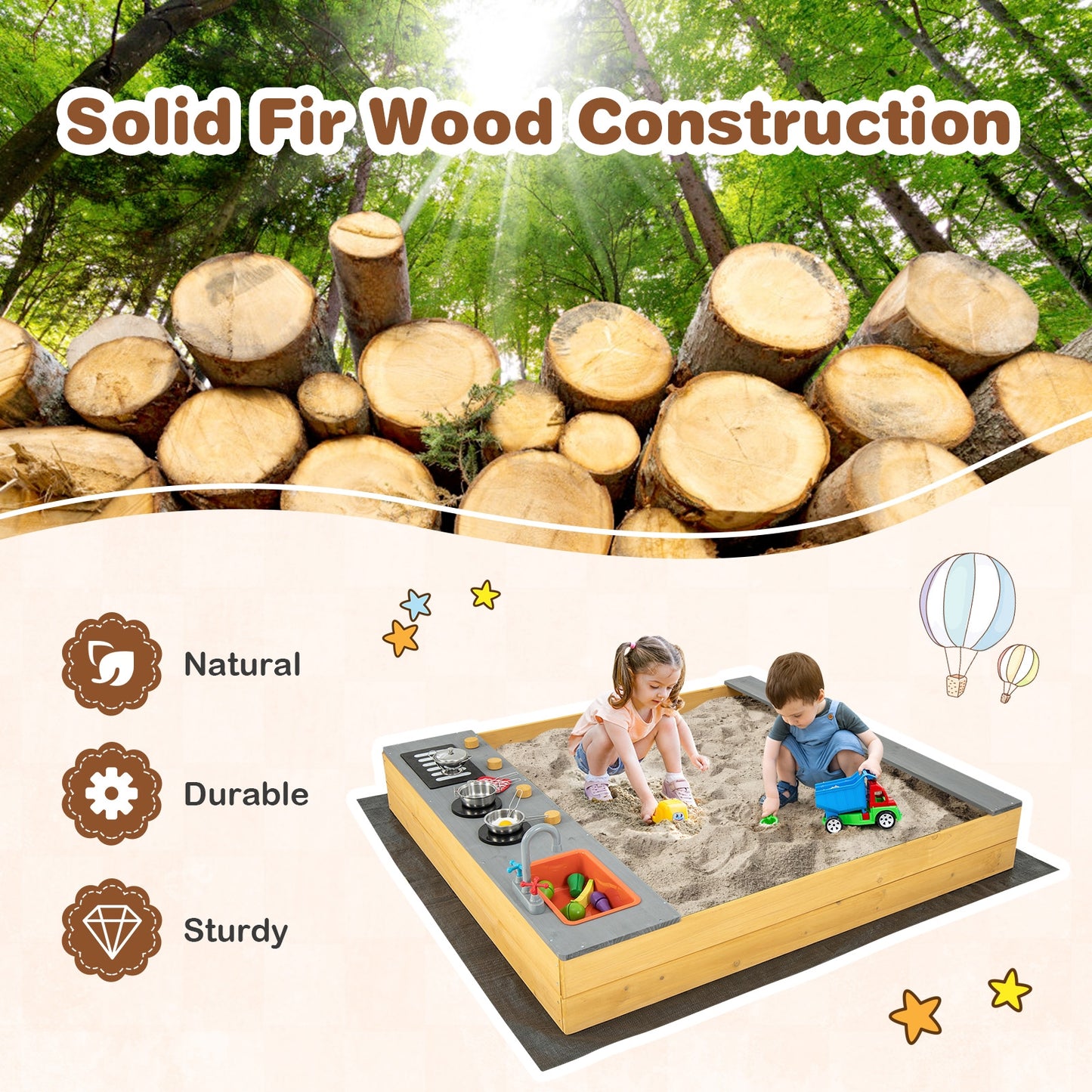 Wooden Sandbox Kids Sand Pit with Kitchen Playset Accessories for 3-8 Years Old, Natural Sandboxes at Gallery Canada