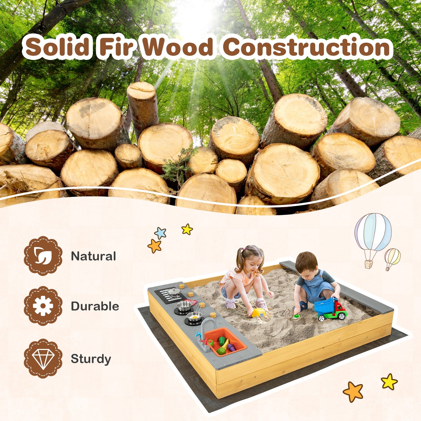 Wooden Sandbox Kids Sand Pit with Kitchen Playset Accessories for 3-8 Years Old, Natural Sandboxes at Gallery Canada