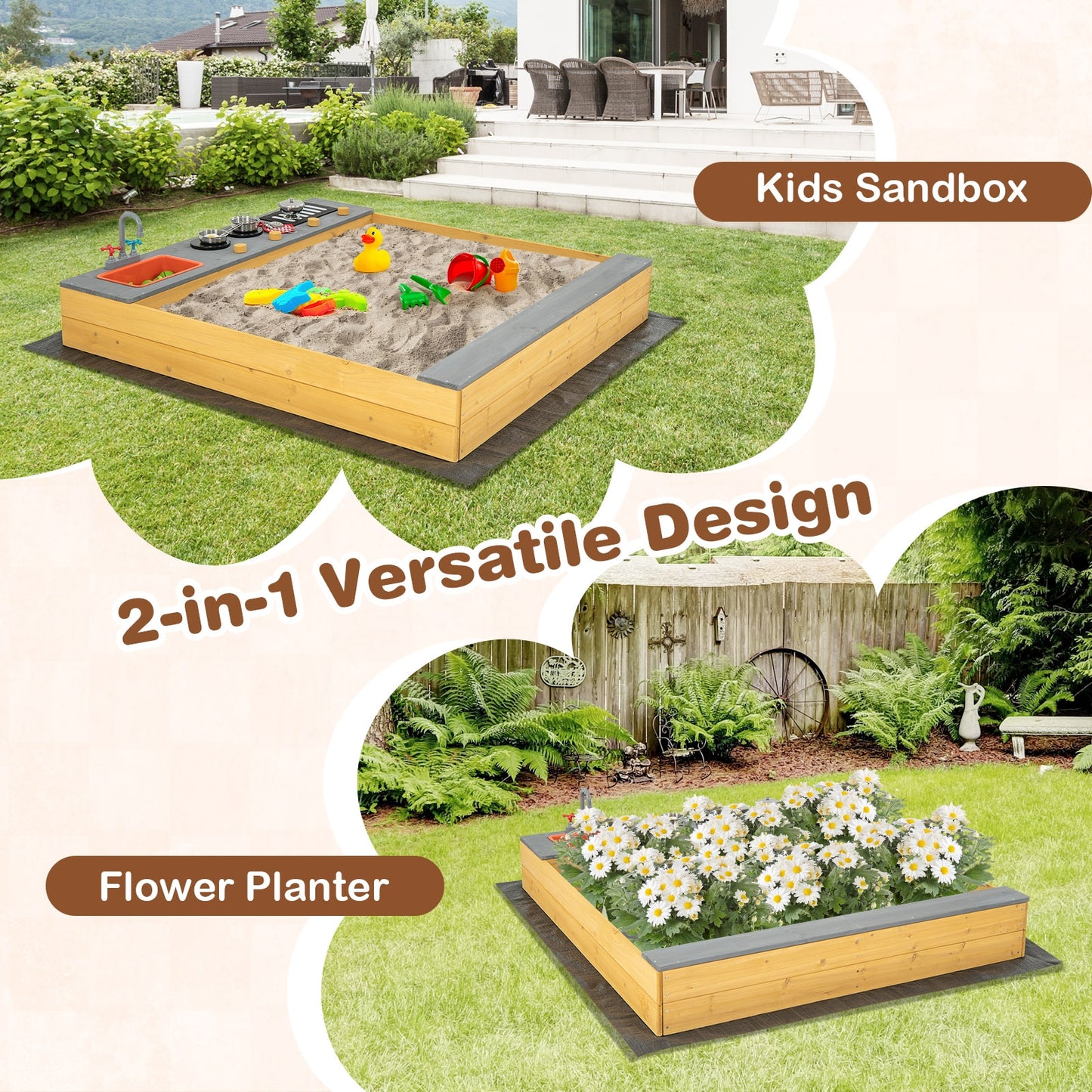 Wooden Sandbox Kids Sand Pit with Kitchen Playset Accessories for 3-8 Years Old, Natural Sandboxes at Gallery Canada