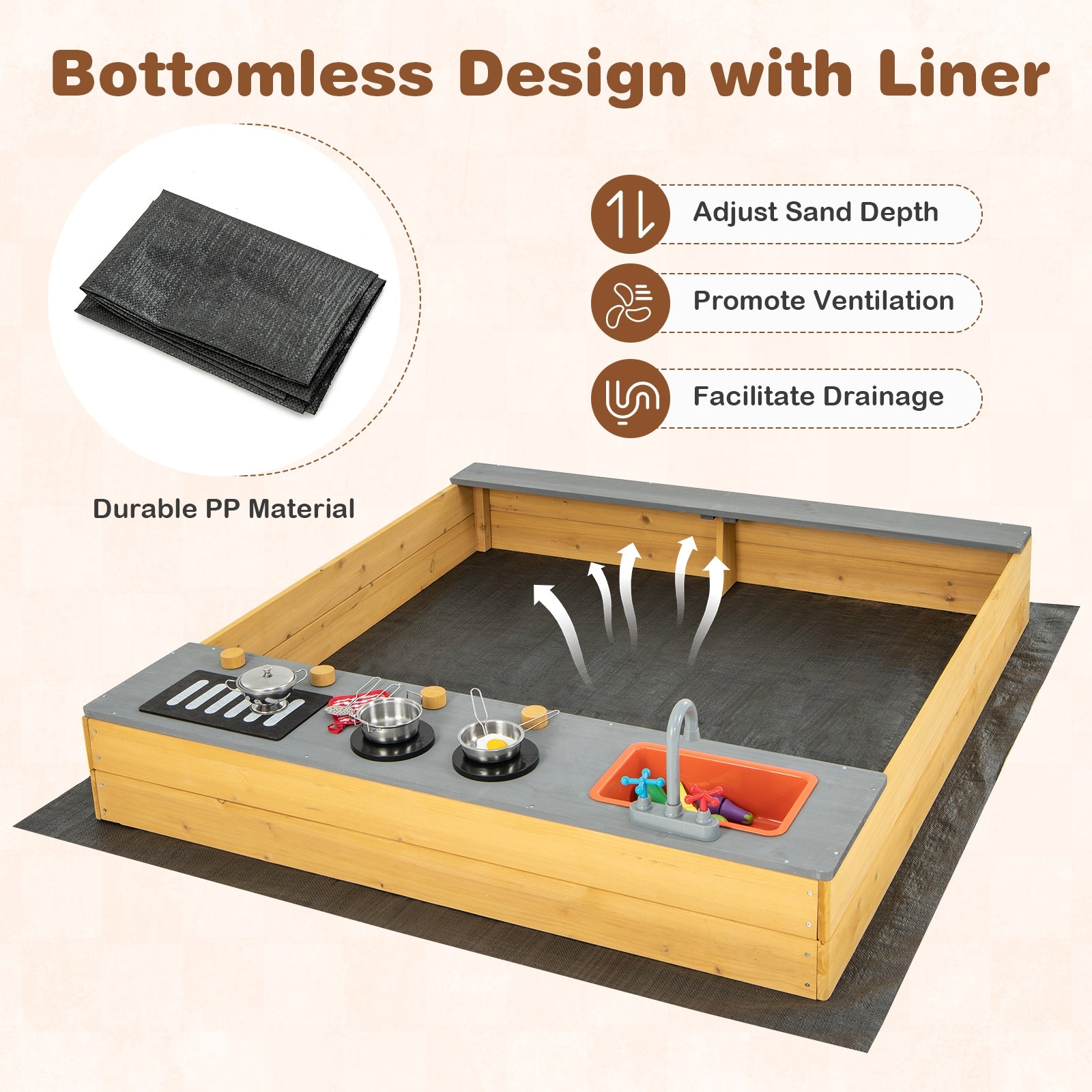 Wooden Sandbox Kids Sand Pit with Kitchen Playset Accessories for 3-8 Years Old, Natural Sandboxes at Gallery Canada