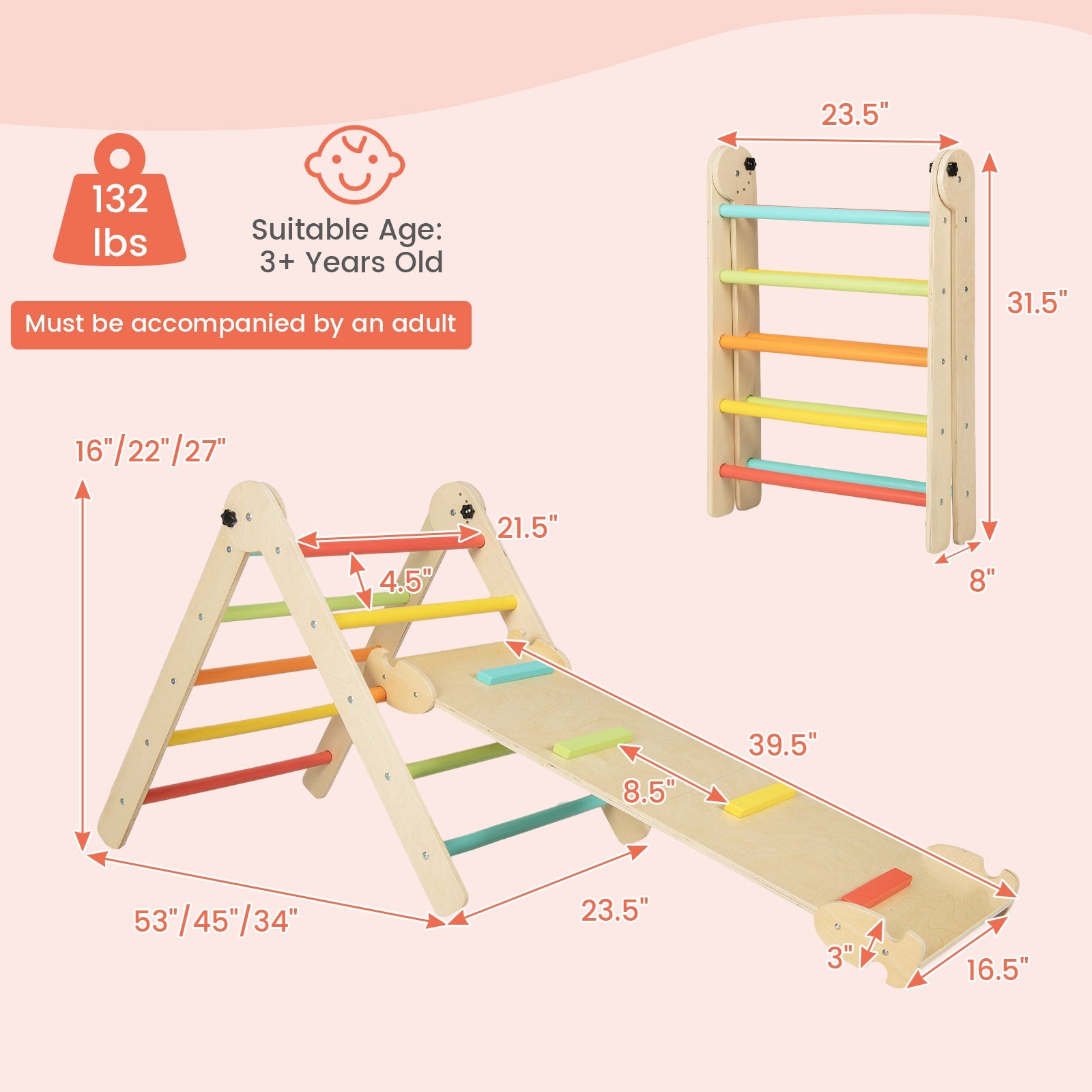 3-in-1 Climbing Set Foldable and Adjustable Kids Triangle Set, Multicolor Climbers & Slides at Gallery Canada