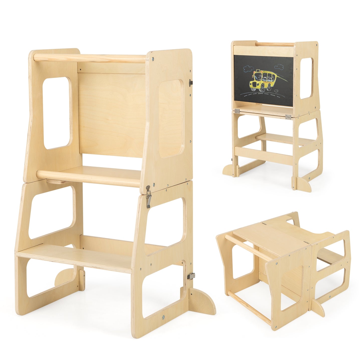 3-in-1 Foldable Kitchen Standing Tower for Toddlers with Chalkboard, Natural Toddler & Kids Furniture at Gallery Canada