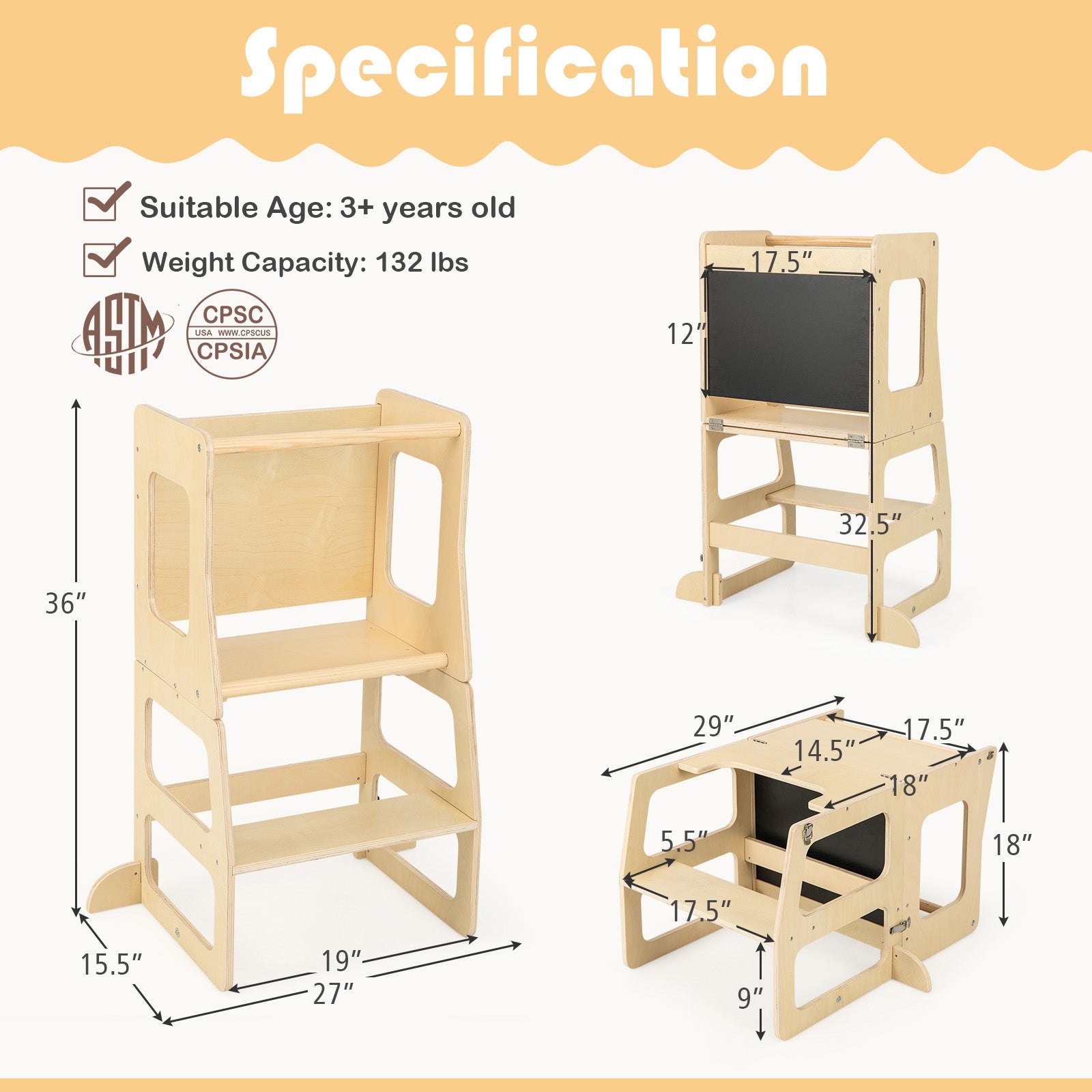 3-in-1 Foldable Kitchen Standing Tower for Toddlers with Chalkboard, Natural Toddler & Kids Furniture at Gallery Canada