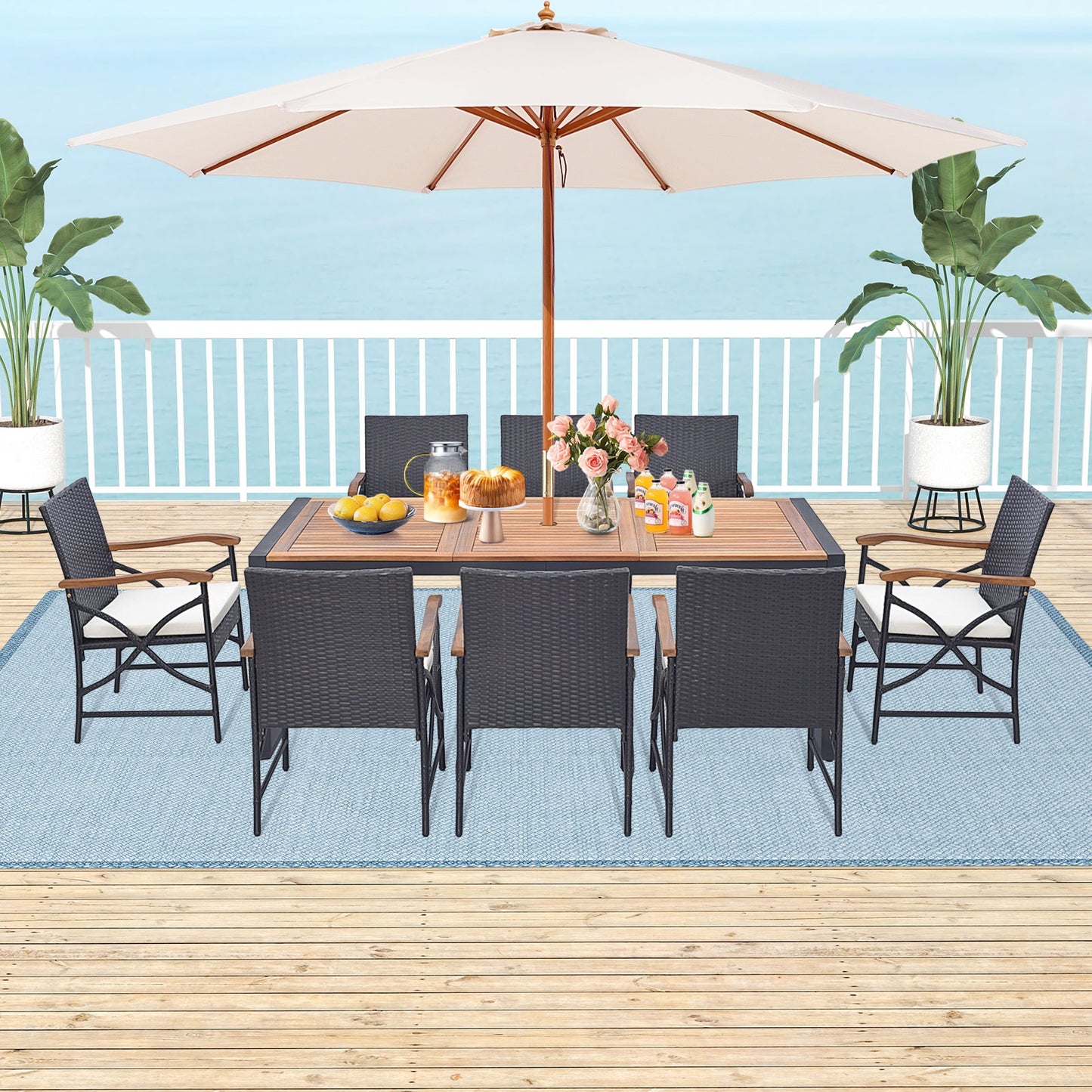 9 Pieces Patio Rattan Dining Set with Acacia Wood Table for Backyard Garden-X-side Handrail, Brown Patio Furniture Sets at Gallery Canada
