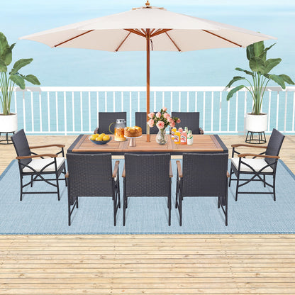 9 Pieces Patio Rattan Dining Set with Acacia Wood Table for Backyard Garden-X-side Handrail, Brown Patio Furniture Sets at Gallery Canada