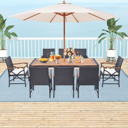 9 Pieces  Patio Rattan Dining Set with Acacia Wood Table for Backyard  Garden-X-side Handrail - Gallery Canada