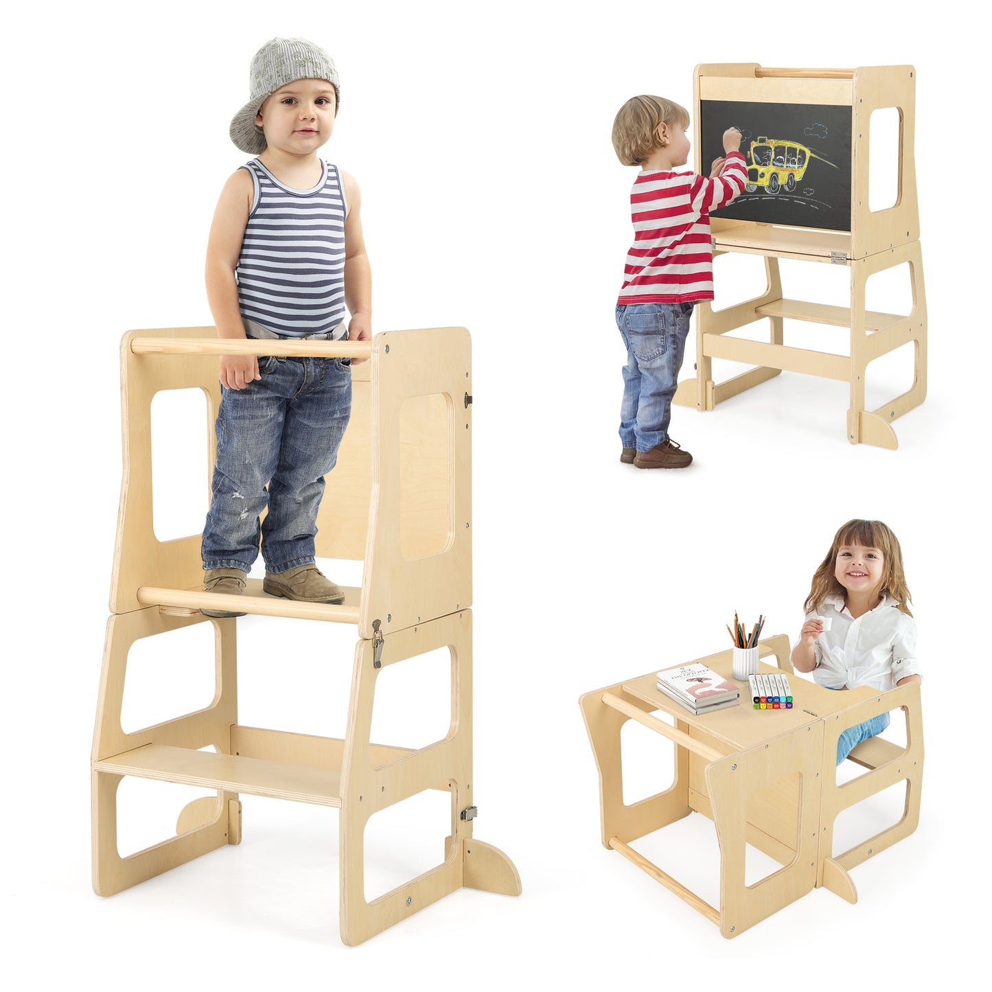 3-in-1 Foldable Kitchen Standing Tower for Toddlers with Chalkboard, Natural Toddler & Kids Furniture at Gallery Canada