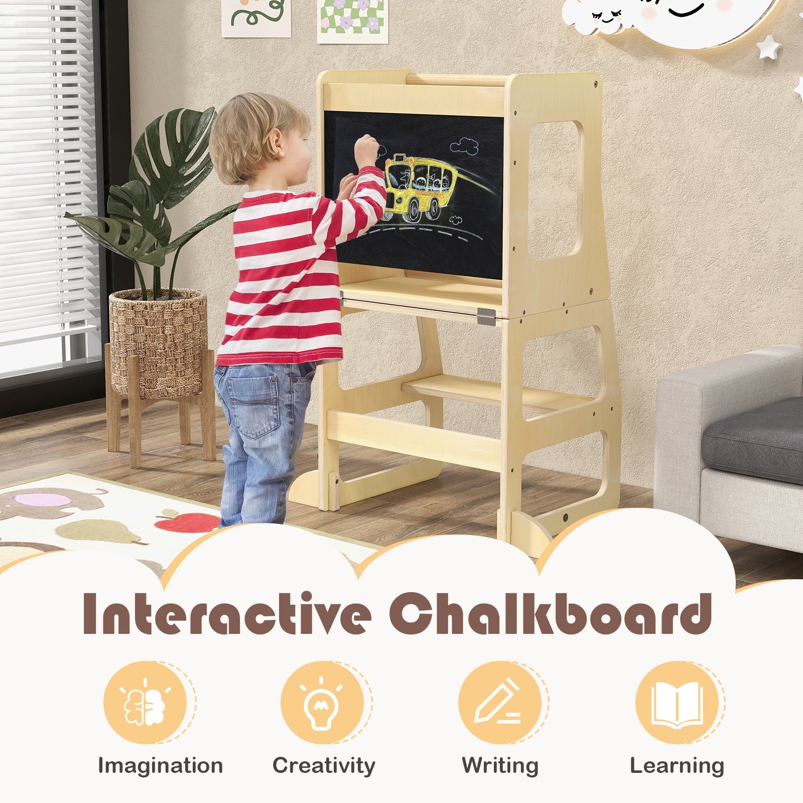 3-in-1 Foldable Kitchen Standing Tower for Toddlers with Chalkboard, Natural Toddler & Kids Furniture at Gallery Canada