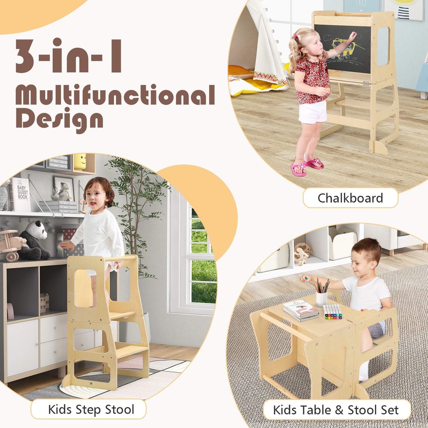 3-in-1 Foldable Kitchen Standing Tower for Toddlers with Chalkboard, Natural Toddler & Kids Furniture at Gallery Canada