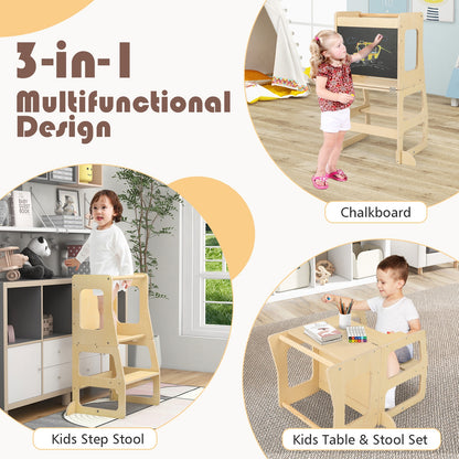 3-in-1 Foldable Kitchen Standing Tower for Toddlers with Chalkboard, Natural Toddler & Kids Furniture at Gallery Canada