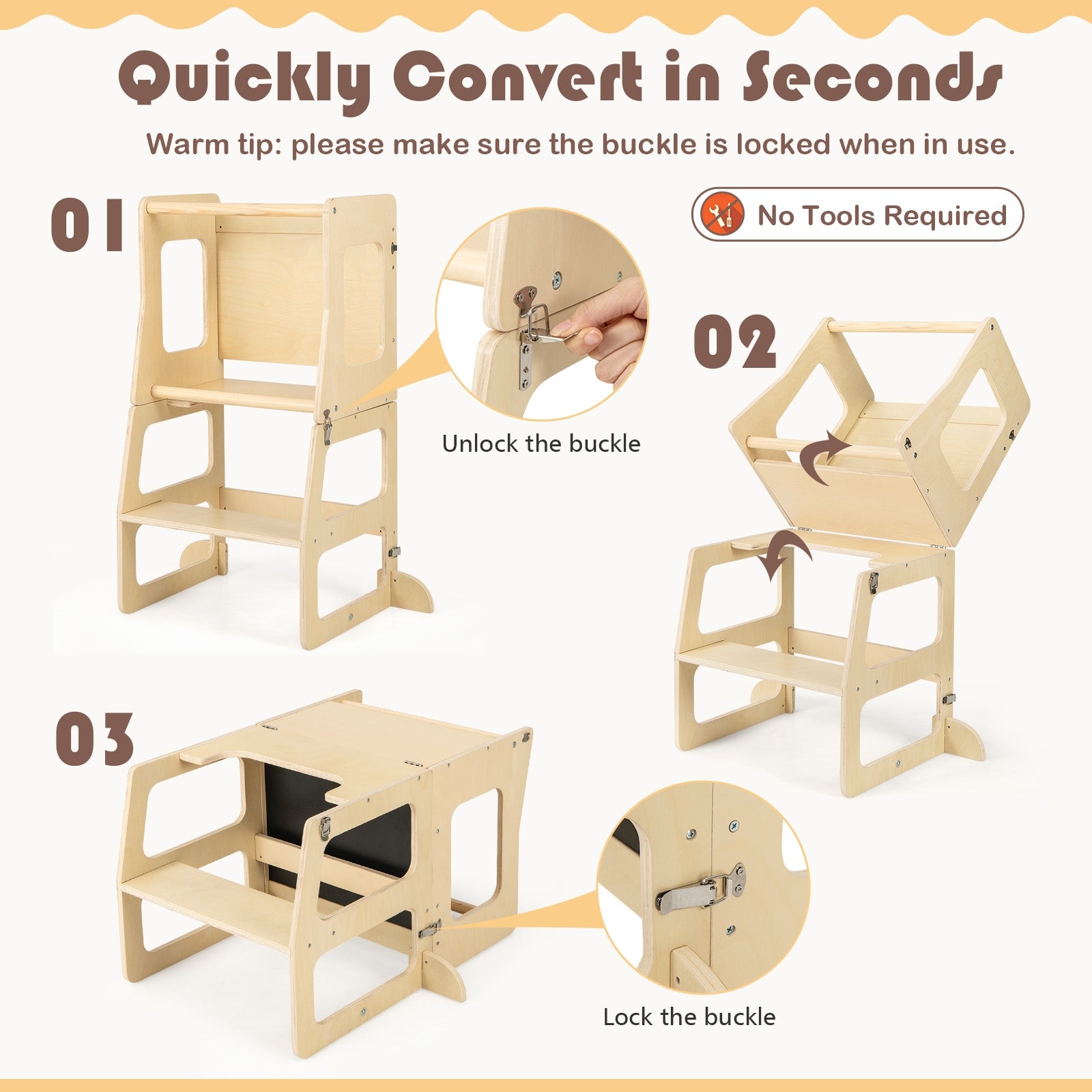 3-in-1 Foldable Kitchen Standing Tower for Toddlers with Chalkboard, Natural Toddler & Kids Furniture at Gallery Canada