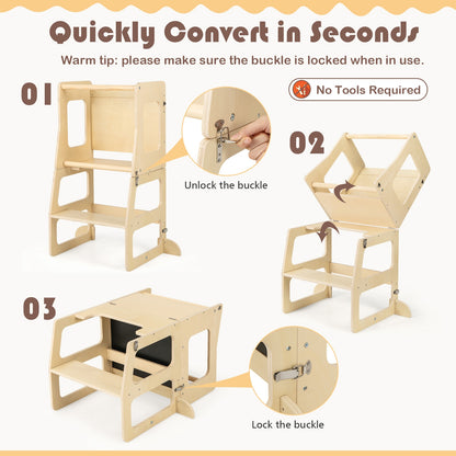 3-in-1 Foldable Kitchen Standing Tower for Toddlers with Chalkboard, Natural Toddler & Kids Furniture at Gallery Canada