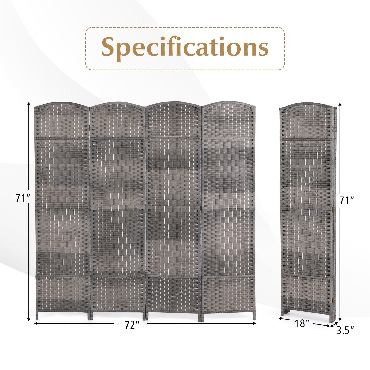 4-Panel Folding Privacy Screen with Hand-woven Pattern for Home Office Living Room, Gray