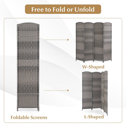 4-Panel Folding Privacy Screen with Hand-woven Pattern for Home Office Living Room, Gray