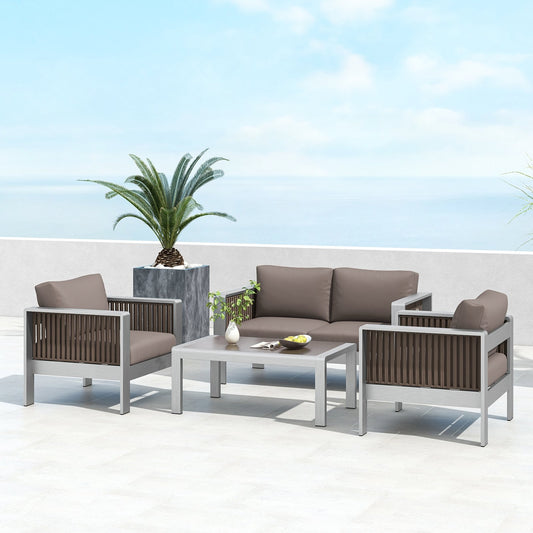 Patio Aluminum Loveseat Sofa Outdoor Furniture Set with Thick Back and Seat Cushions, Gray - Gallery Canada