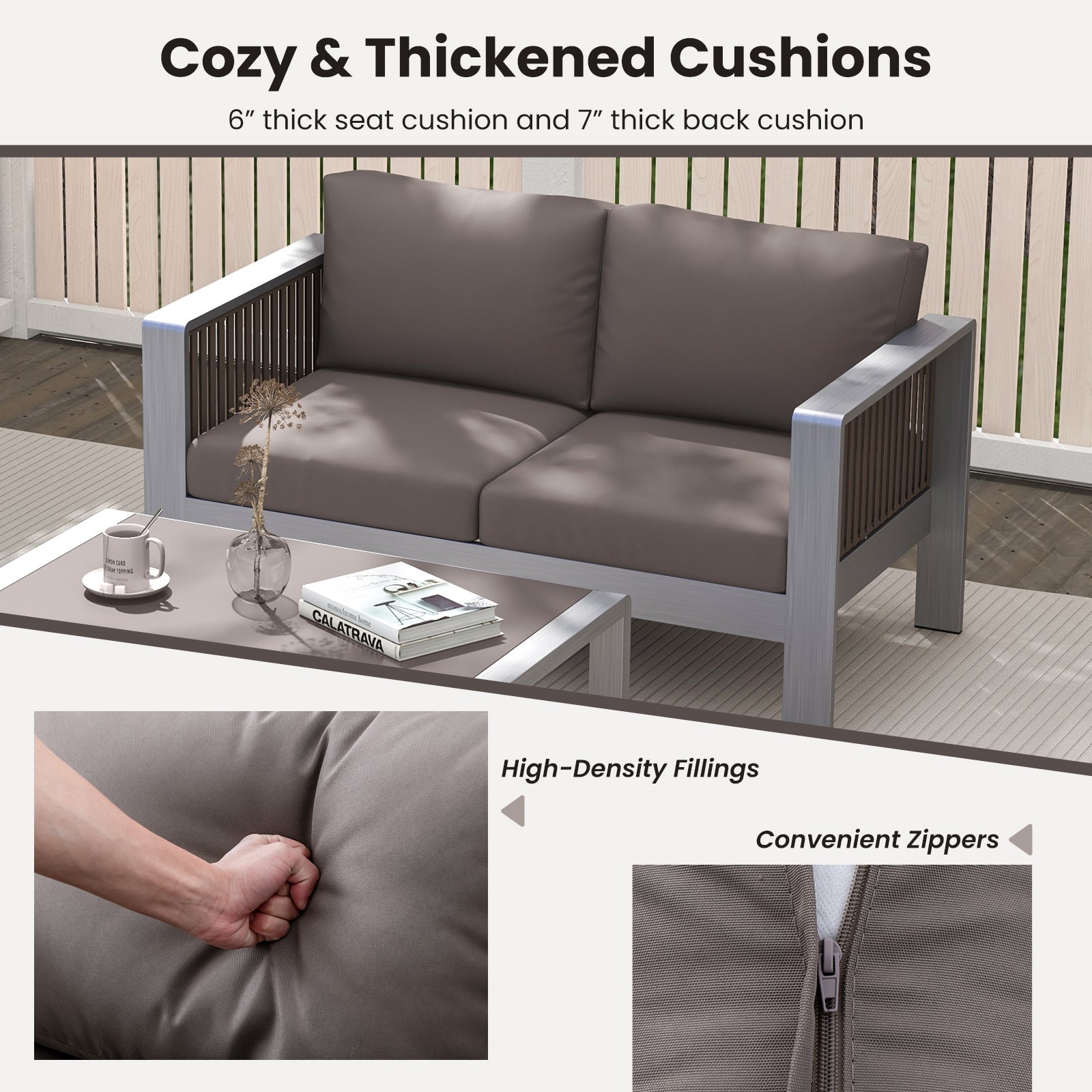 Patio Aluminum Loveseat Sofa Outdoor Furniture Set with Thick Back and Seat Cushions, Gray Patio Conversation Sets at Gallery Canada