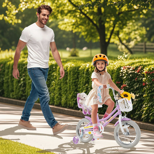 14 Inch Girls Bike Kids Bicycle with Doll Seat and Streamers for Children 3-5 Years Old, Purple